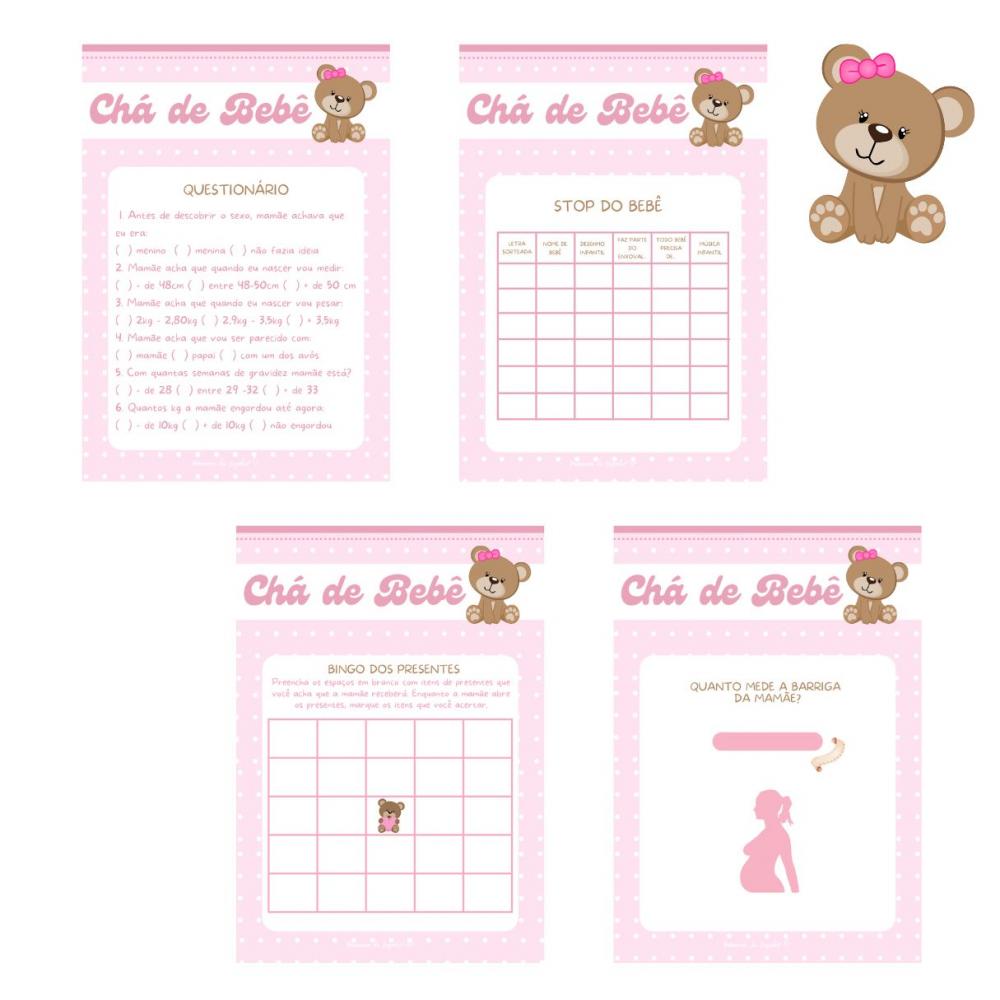 Kit Brincadeiras Chá de Bebê Ursinha Rosa (digital Pdf)