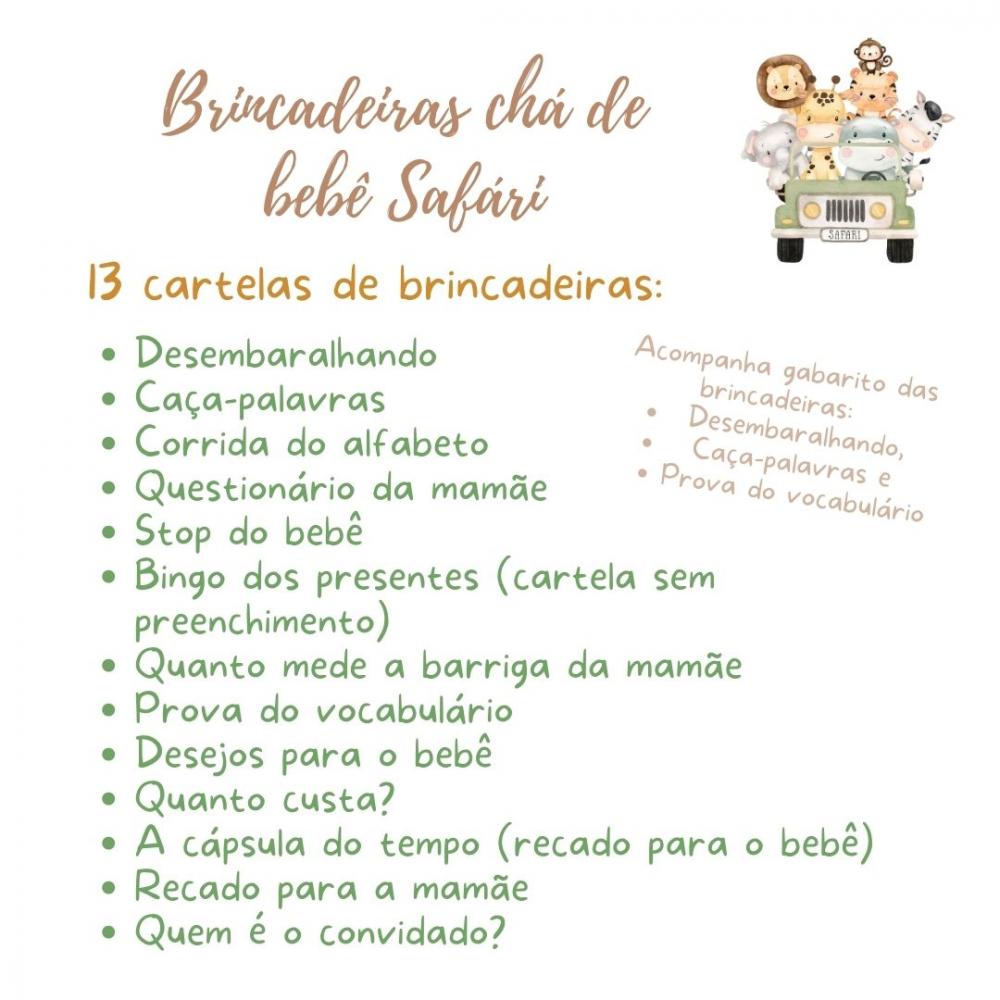 Kit Brincadeiras Chá de Bebê Safári (bege) (digital Pdf)