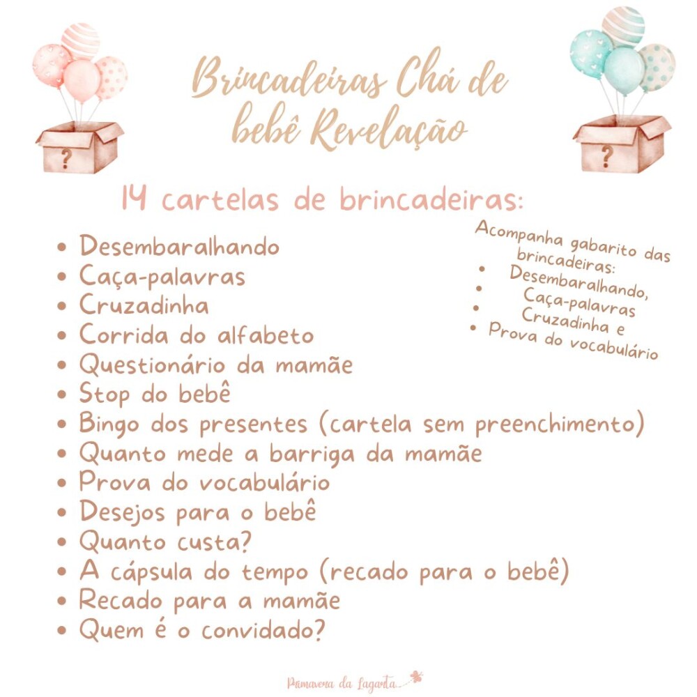 Kit brincadeiras Chá de bebê Revelação (Arquivo PDF)
