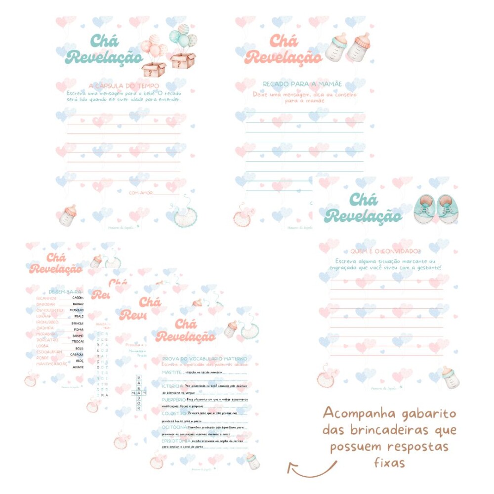 Kit brincadeiras Chá de bebê Revelação (Arquivo PDF)