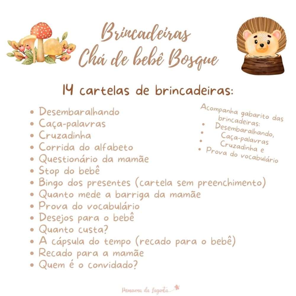 Kit brincadeiras Chá de bebê Animais no Bosque (PDF)