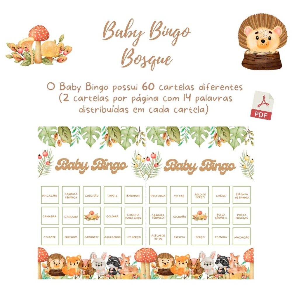 Baby Bingo Chá de bebê Animais no Bosque - 60 cartelas (PDF)