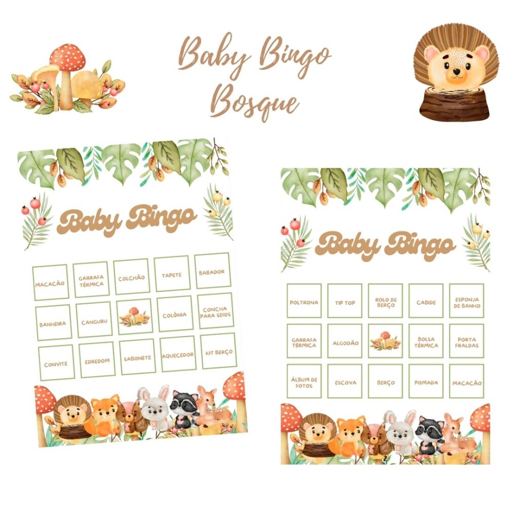 Baby Bingo Chá de bebê Animais no Bosque - 60 cartelas (PDF)