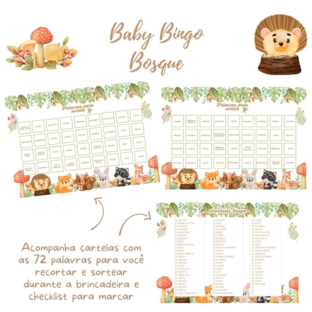 Baby Bingo Chá de bebê Animais no Bosque - 60 cartelas (PDF)