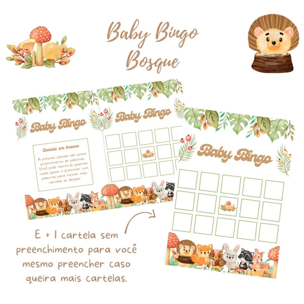 Baby Bingo Chá de bebê Animais no Bosque - 60 cartelas (PDF)