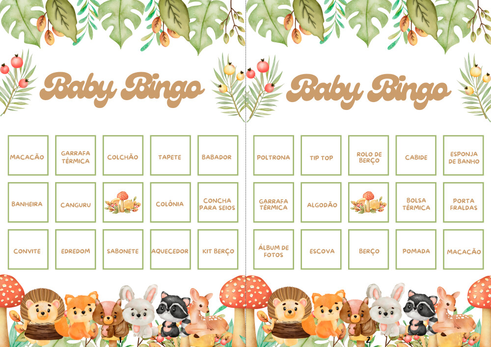 Baby Bingo Chá de bebê Animais no Bosque - 60 cartelas (PDF)