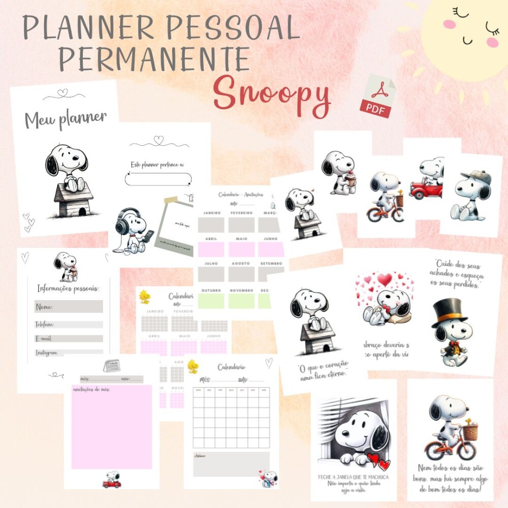 Planner Pessoal Permanente Snoopy minimalista (PDF)