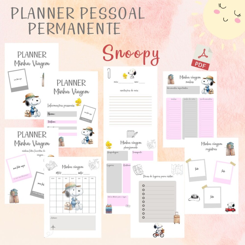Planner Pessoal Permanente Snoopy minimalista (PDF)