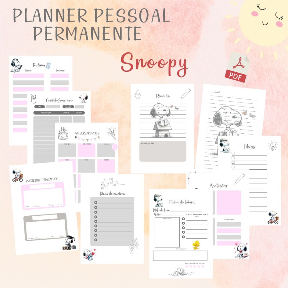 Planner Pessoal Permanente Snoopy minimalista (PDF)
