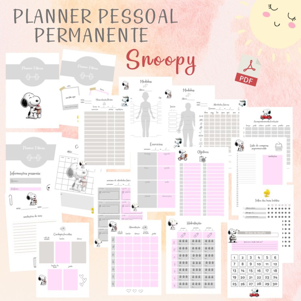 Planner Pessoal Permanente Snoopy minimalista (PDF)