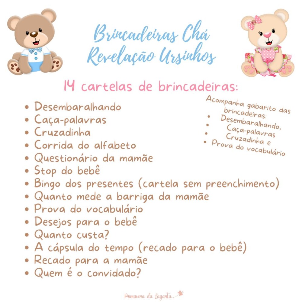 Kit Brincadeiras Chá Revelação Ursinho e Ursinha  (azul e rosa