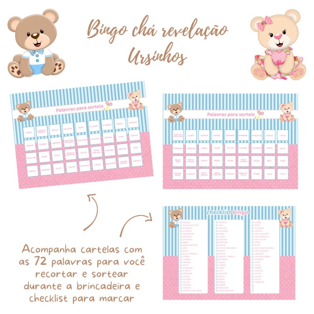 Baby Bingo Revelação Ursinho e Ursinha (rosa e azul) - 60 Carte