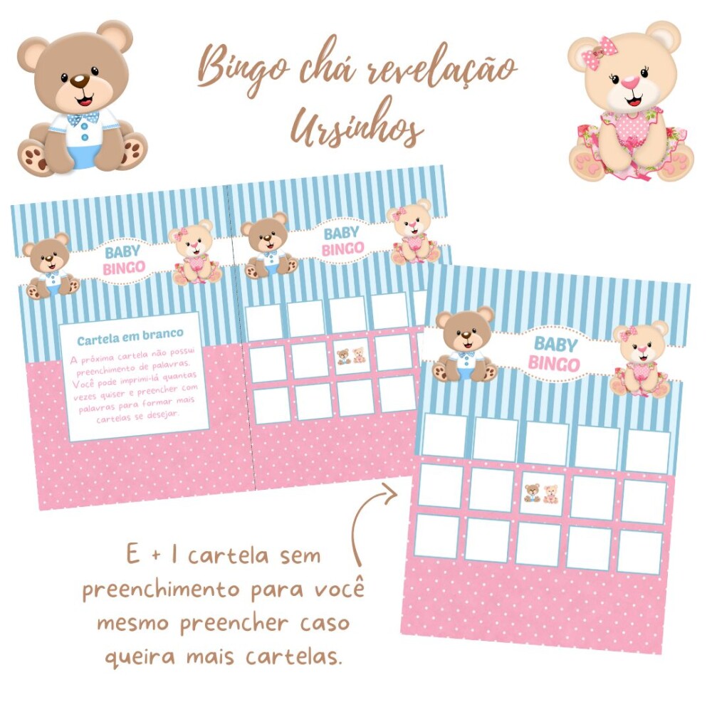 Baby Bingo Revelação Ursinho e Ursinha (rosa e azul) - 60 Carte