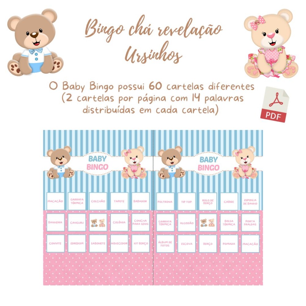 Baby Bingo Revelação Ursinho e Ursinha (rosa e azul) - 60 Carte