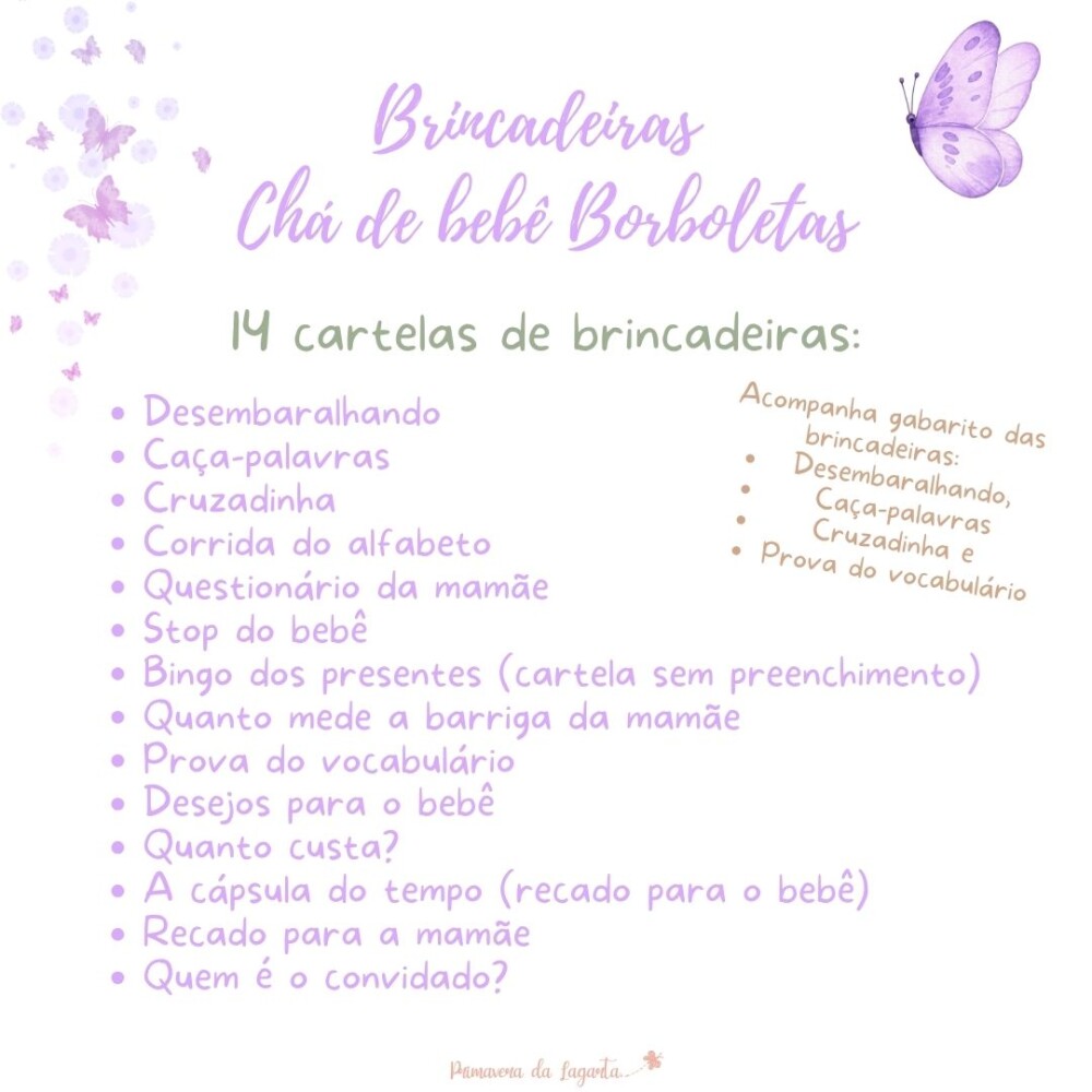 Kit brincadeiras Chá de bebê Borboletas (PDF)