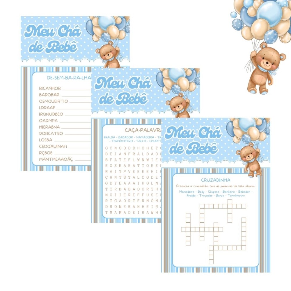 Kit brincadeiras Chá de bebê Ursinho Balão (azul) - PDF