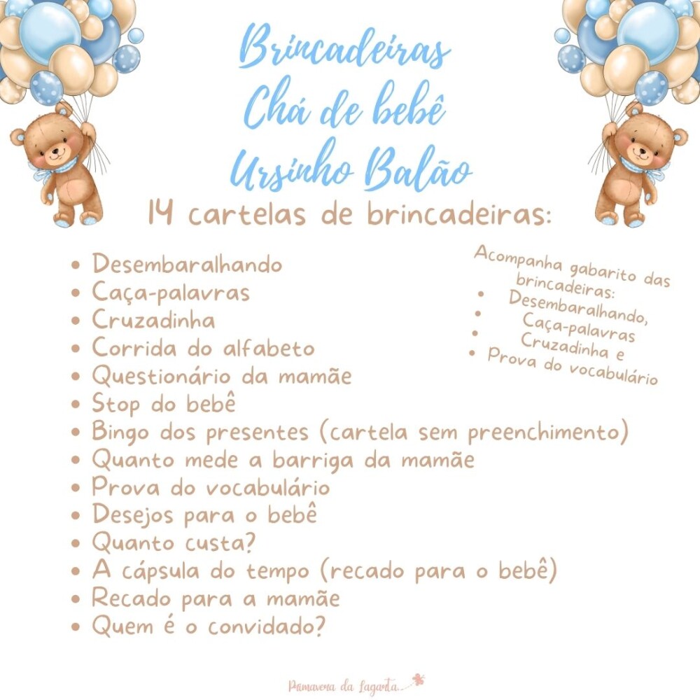 Kit brincadeiras Chá de bebê Ursinho Balão (azul) - PDF