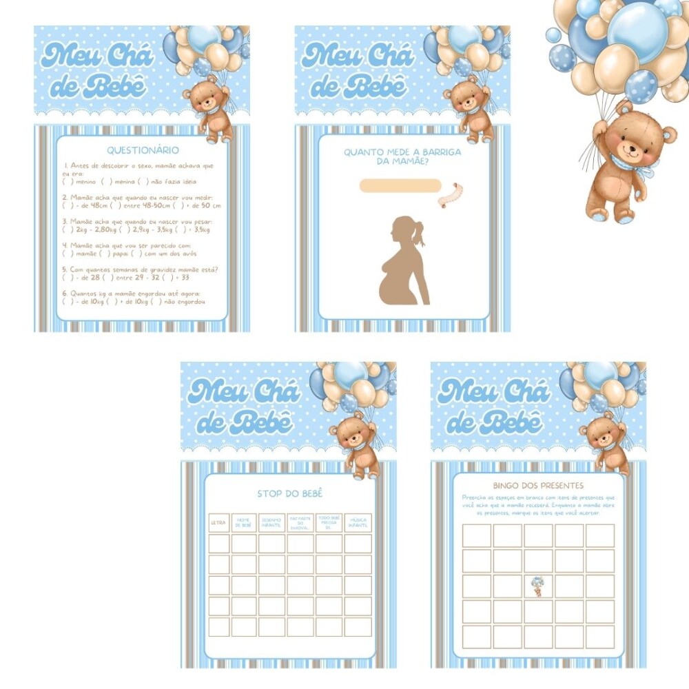 Kit brincadeiras Chá de bebê Ursinho Balão (azul) - PDF