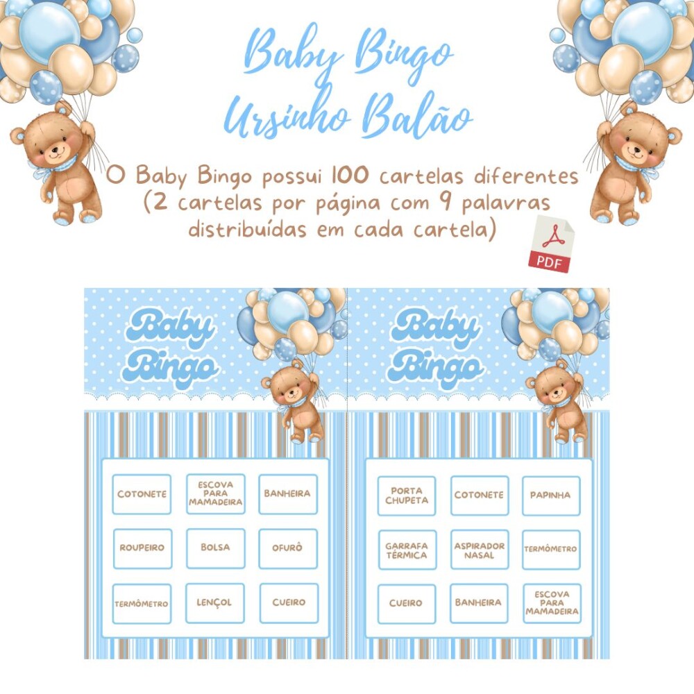Baby Bingo Ursinho Balão - Azul (100 cartelas) - PDF
