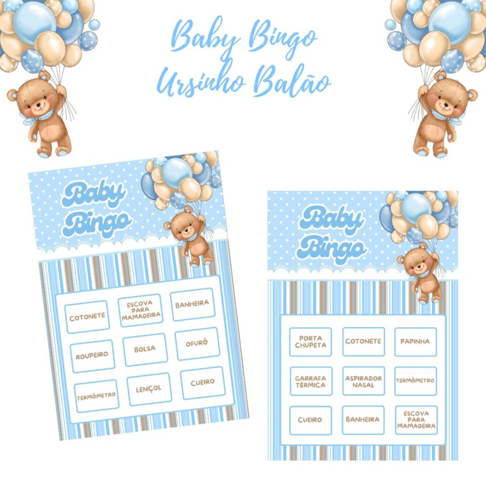 Baby Bingo Ursinho Balão - Azul (100 cartelas) - PDF