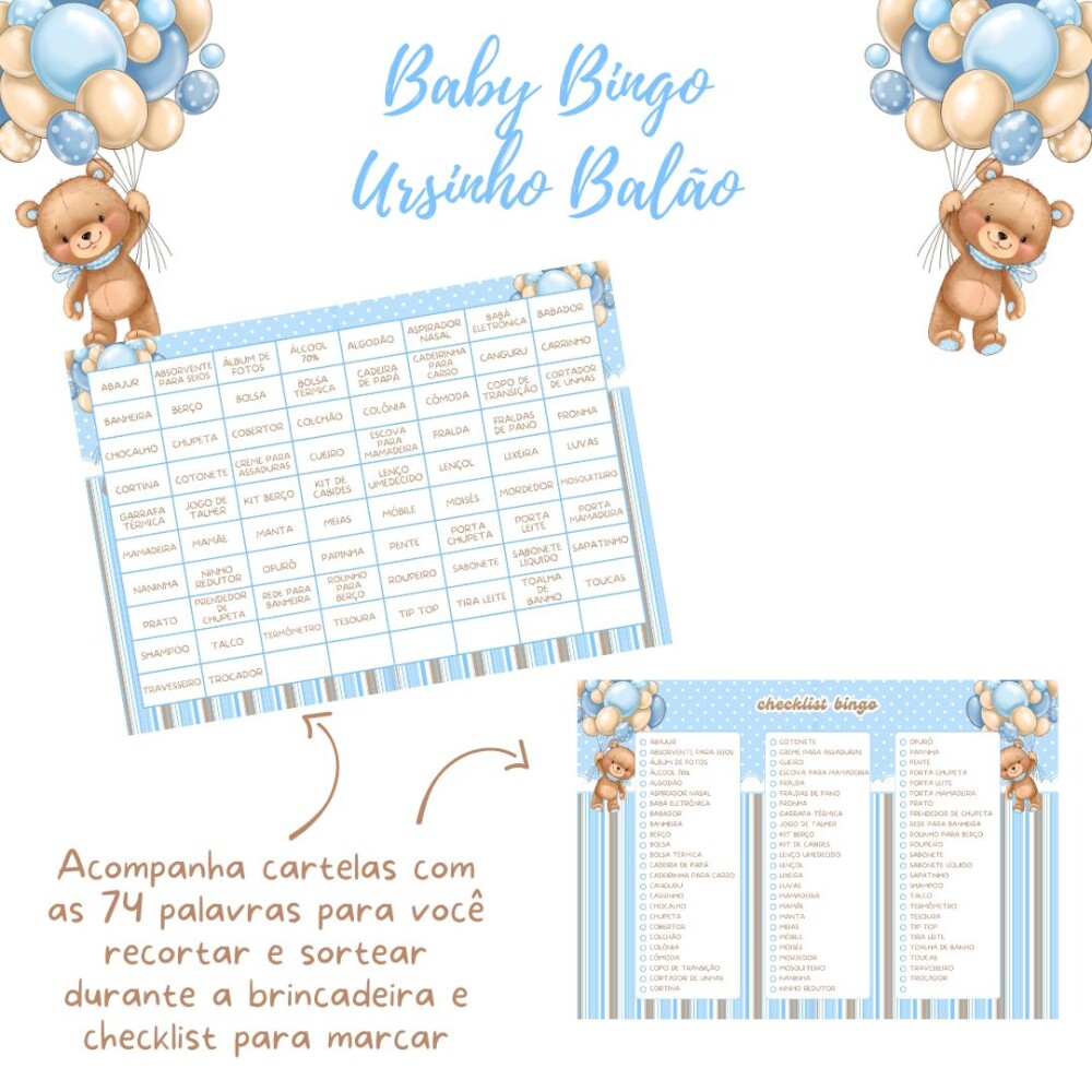 Baby Bingo Ursinho Balão - Azul (100 cartelas) - PDF