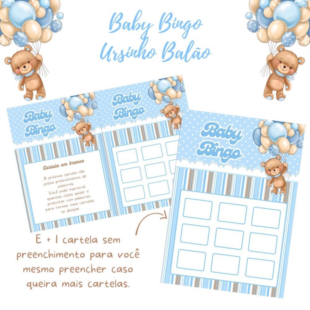 Baby Bingo Ursinho Balão - Azul (100 cartelas) - PDF