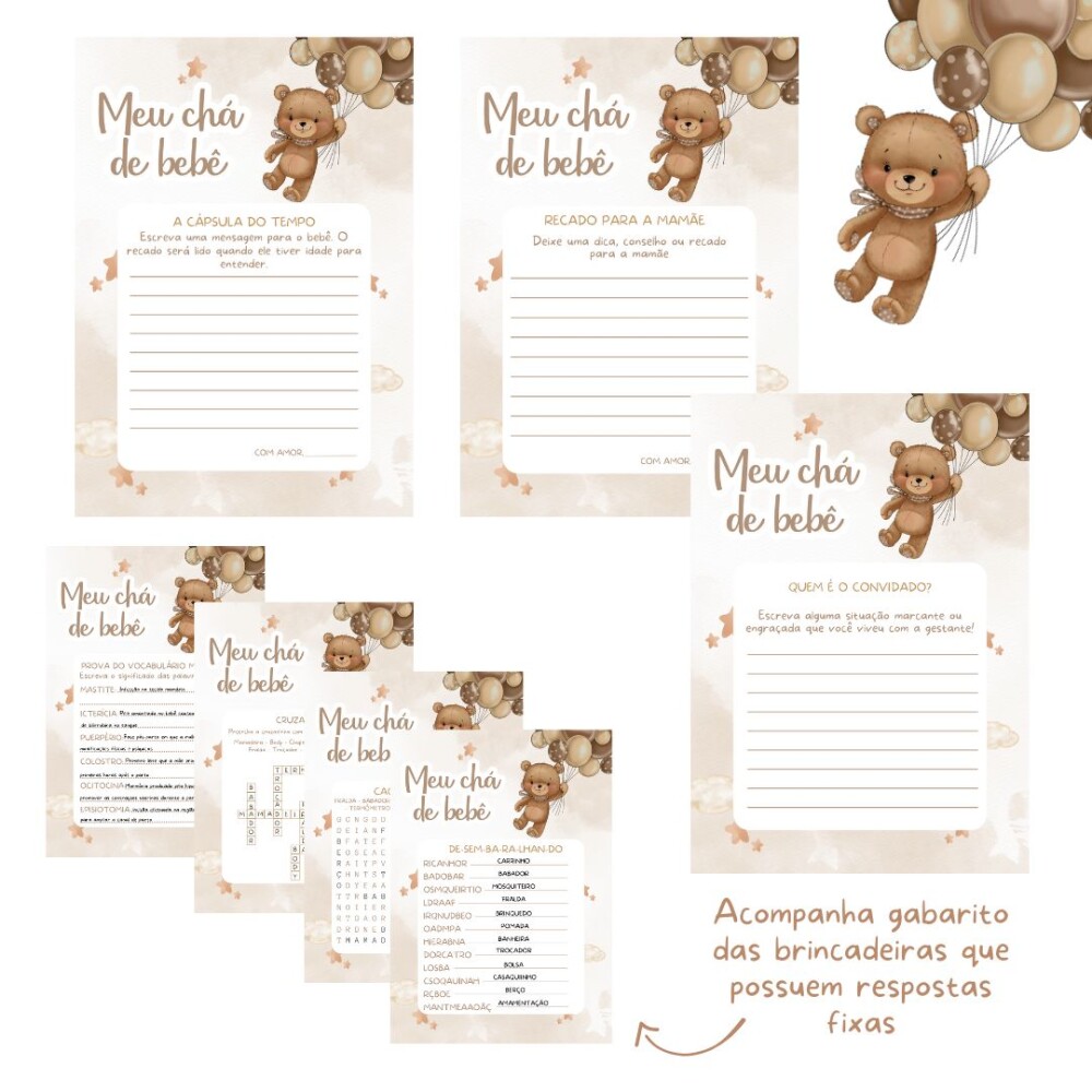 Kit brincadeiras Chá de Bebê Ursinho Balões (PDF)
