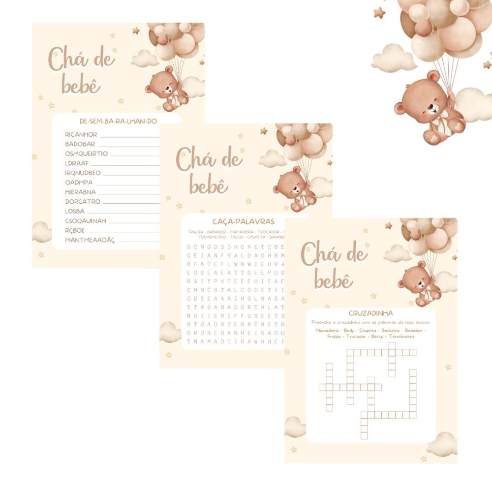 Kit brincadeiras Chá de Bebê Ursinho Cute (PDF)