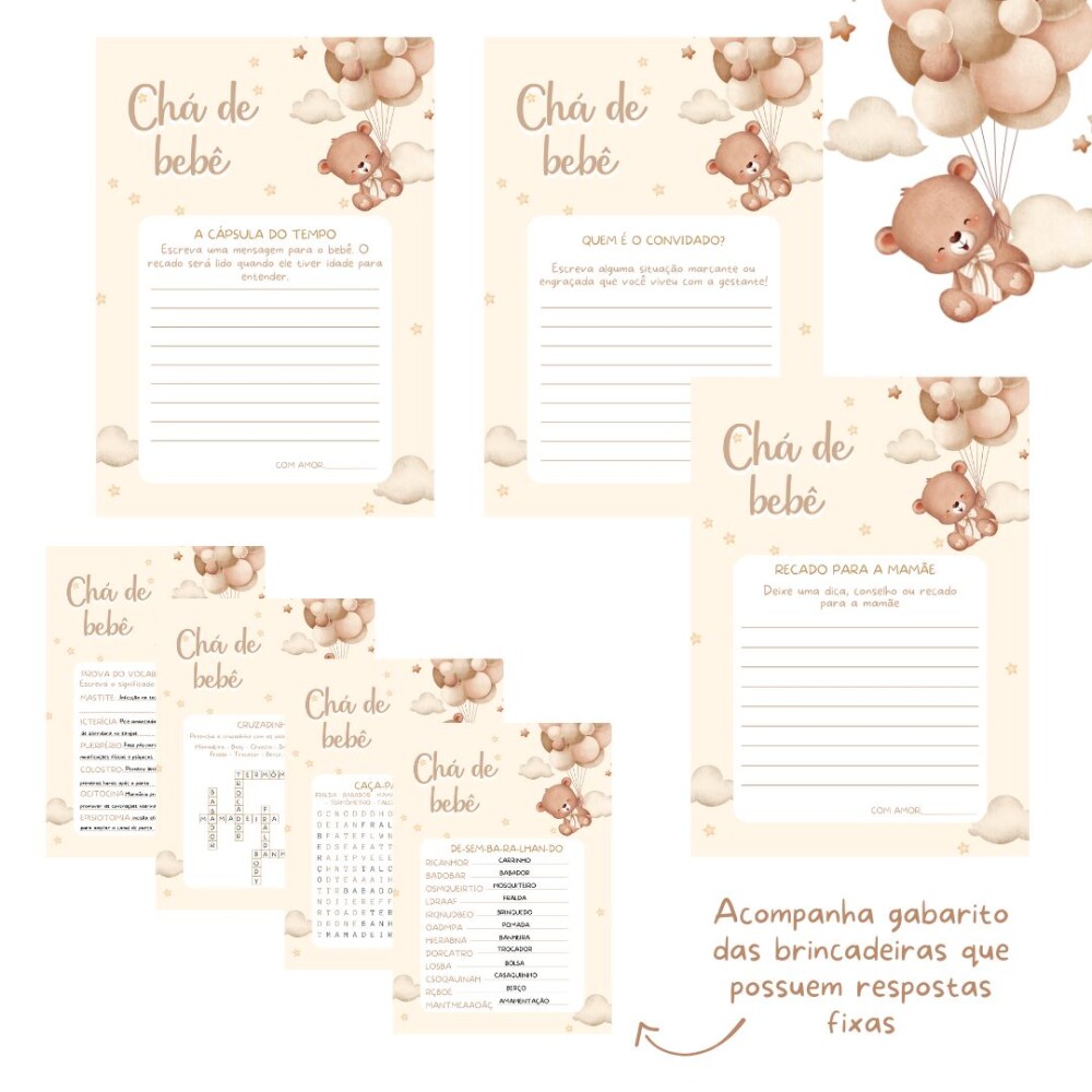 Kit brincadeiras Chá de Bebê Ursinho Cute (PDF)