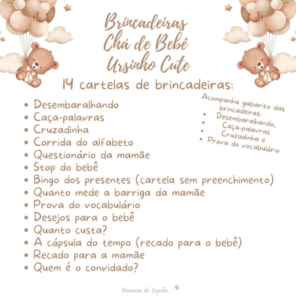 Kit brincadeiras Chá de Bebê Ursinho Cute (PDF)