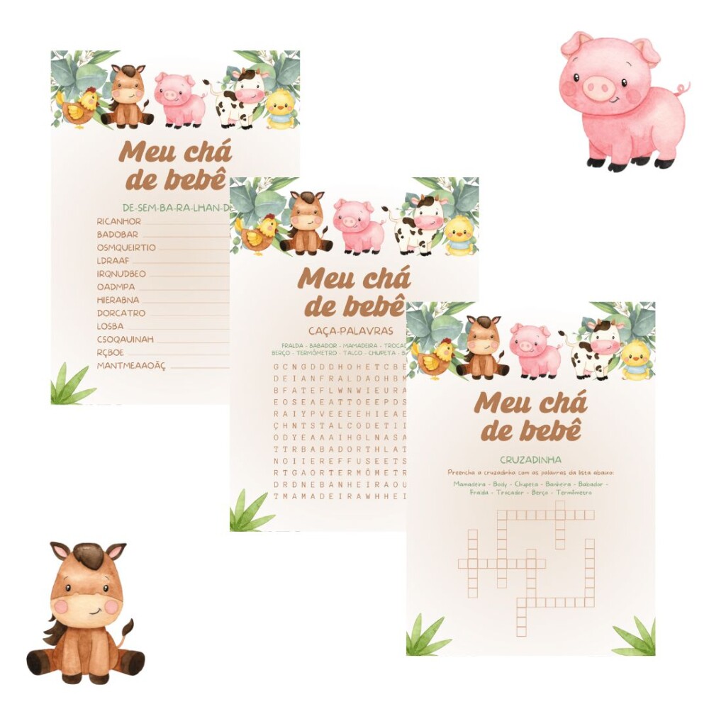 Kit brincadeiras Chá de Bebê Fazendinha Aquarela (PDF)