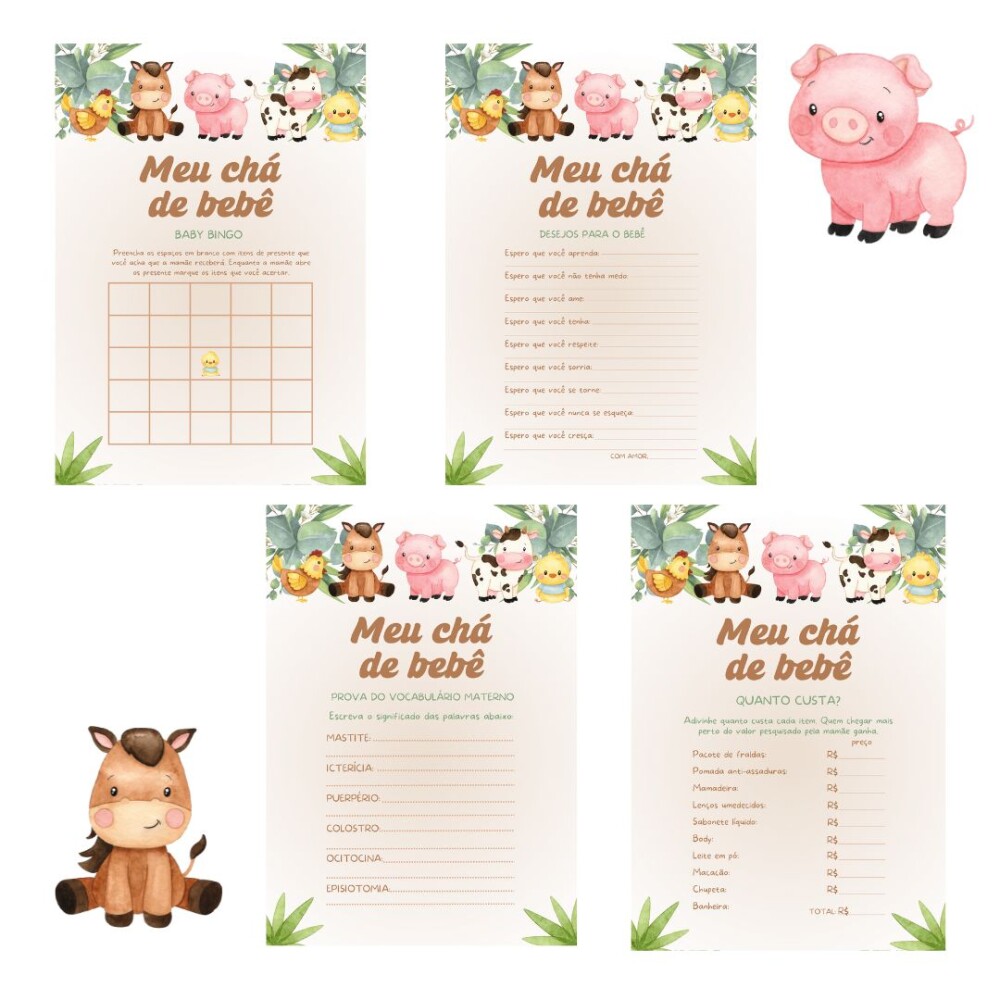 Kit brincadeiras Chá de Bebê Fazendinha Aquarela (PDF)