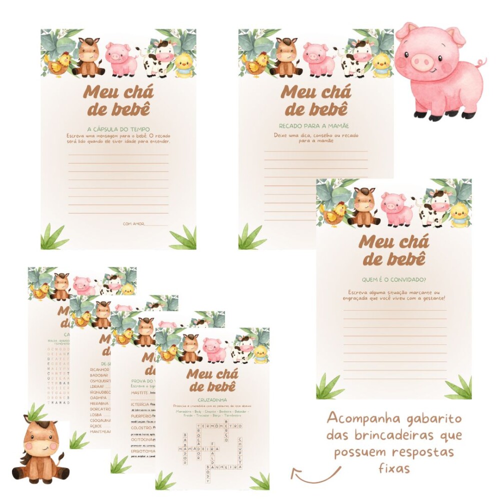 Kit brincadeiras Chá de Bebê Fazendinha Aquarela (PDF)
