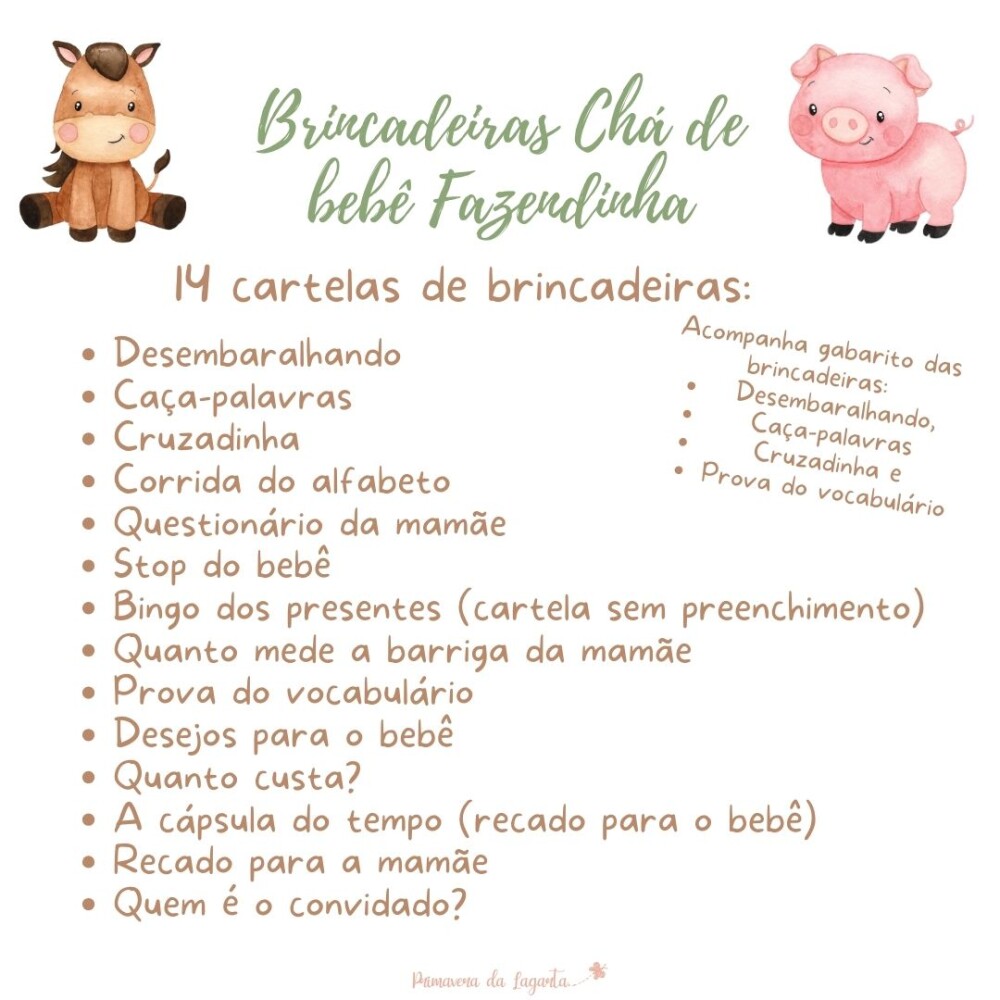 Kit brincadeiras Chá de Bebê Fazendinha Aquarela (PDF)