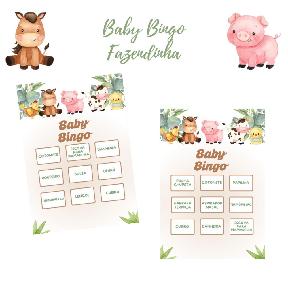 Baby Bingo Fazendinha Aquarela (bege) - 100 cartelas