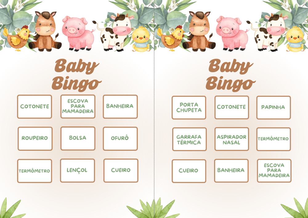 Baby Bingo Fazendinha Aquarela (bege) - 100 cartelas