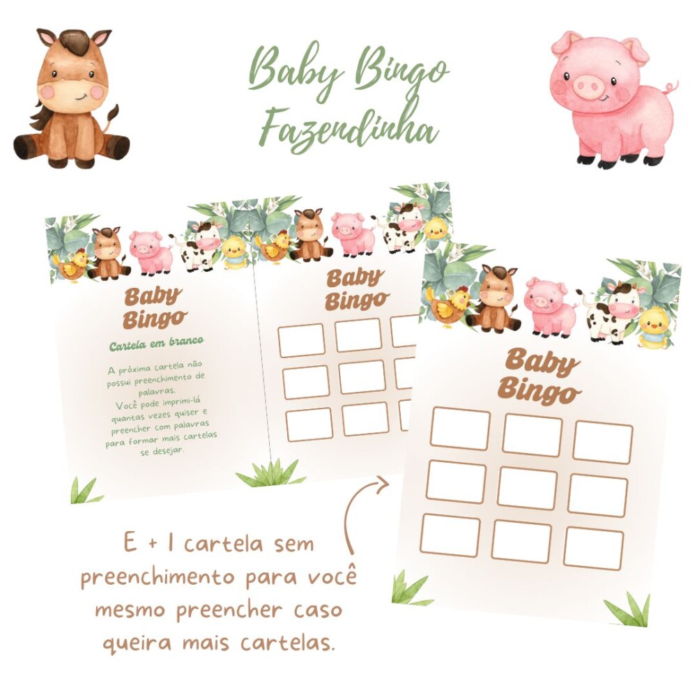 Baby Bingo Fazendinha Aquarela (bege) - 100 cartelas