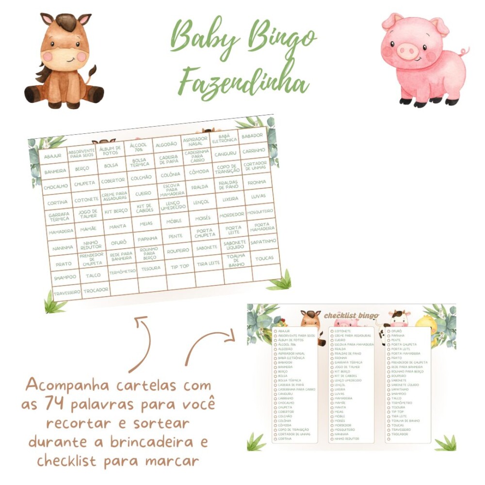 Baby Bingo Fazendinha Aquarela (bege) - 100 cartelas