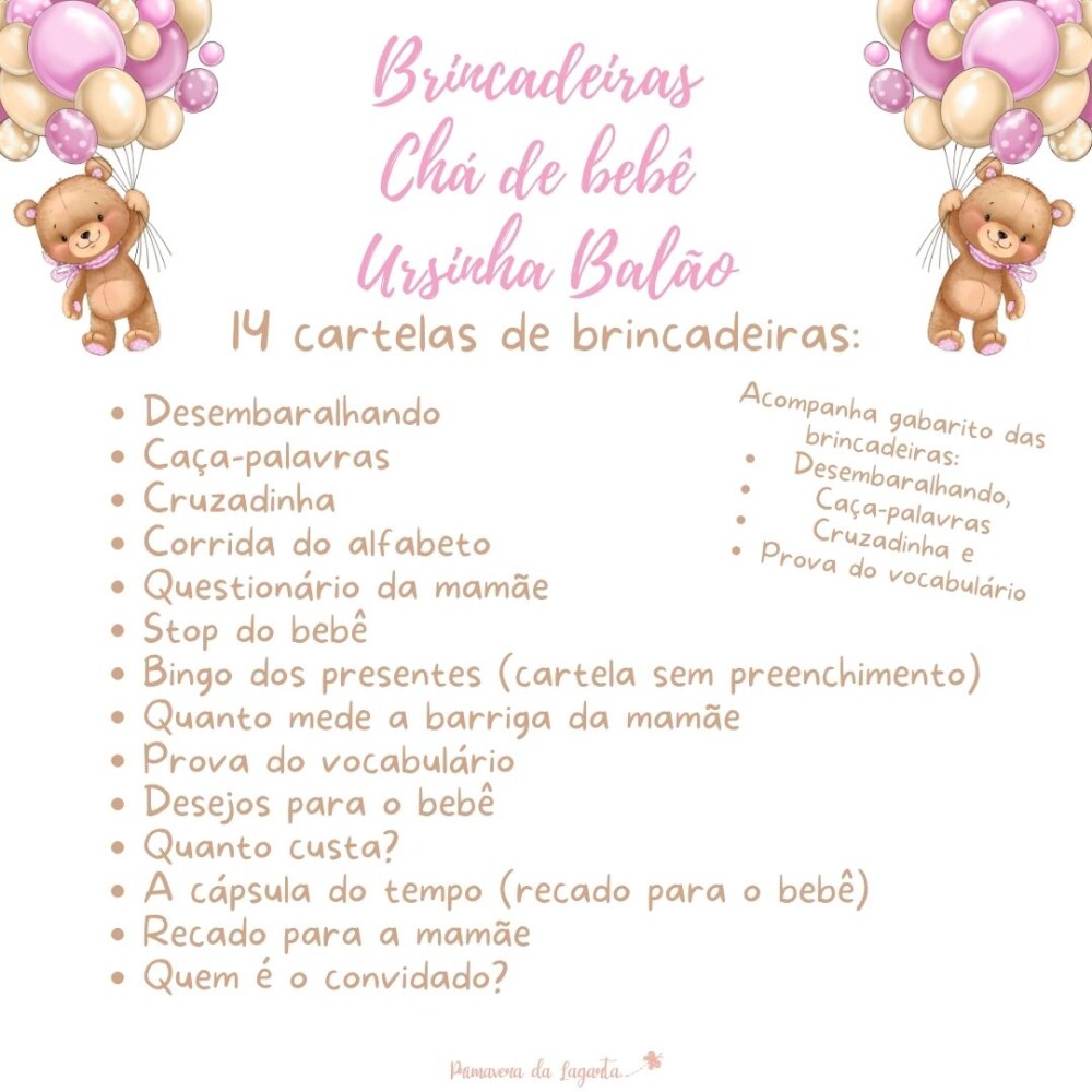 Kit brincadeiras Chá de bebê Ursinha Balão (rosa) - PDF