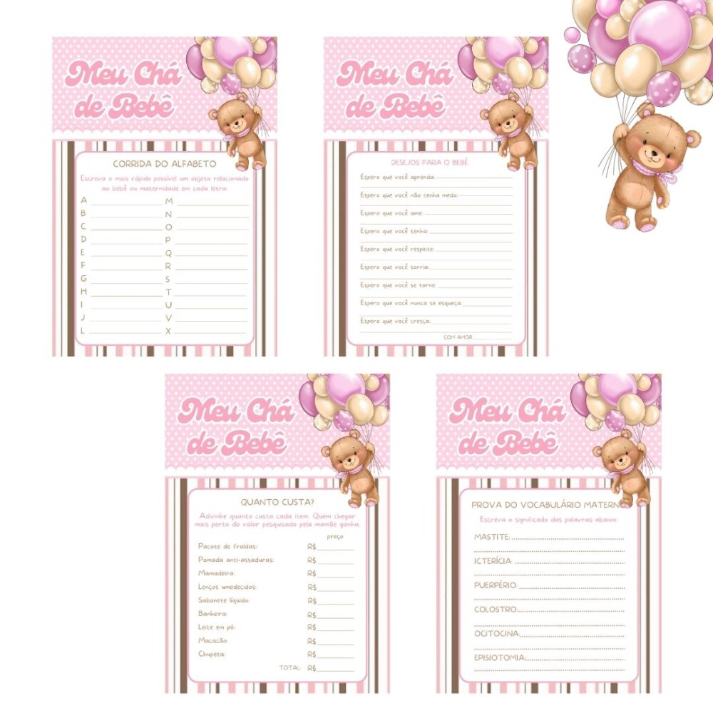 Kit brincadeiras Chá de bebê Ursinha Balão (rosa) - PDF