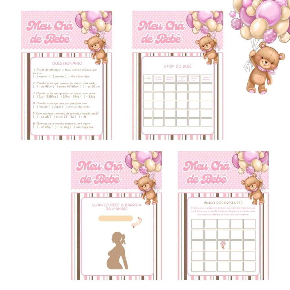 Kit brincadeiras Chá de bebê Ursinha Balão (rosa) - PDF