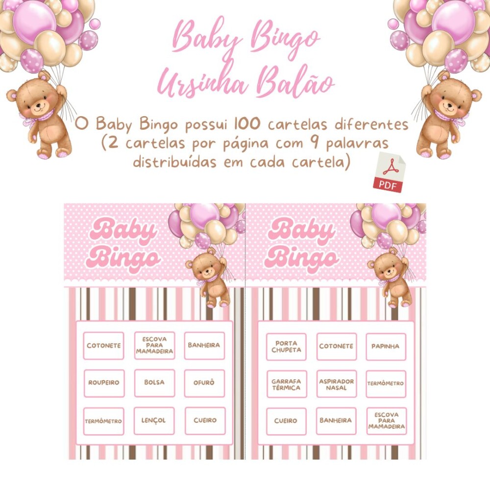 Baby Bingo Ursinha Balão - Rosa (100 cartelas) - PDF