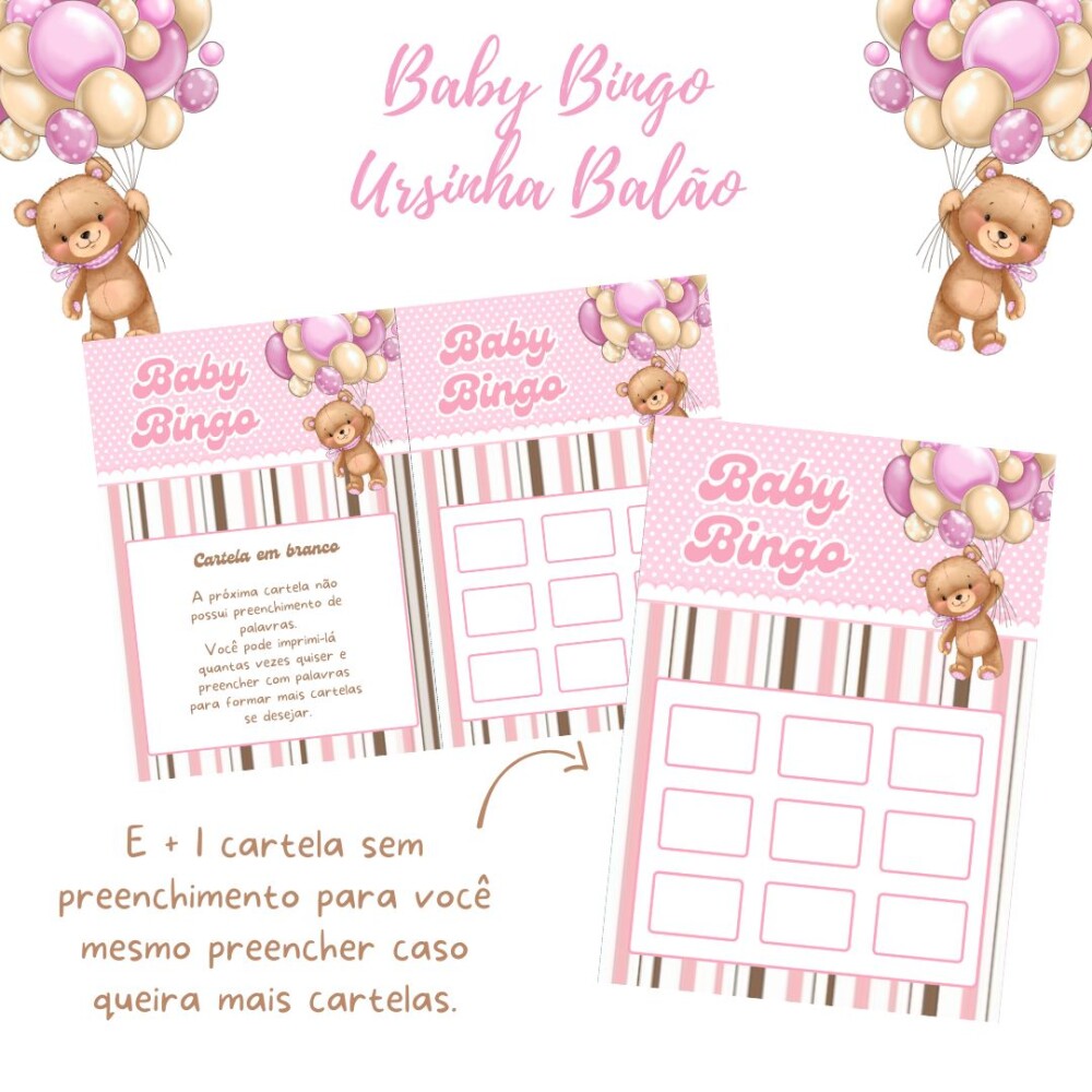 Baby Bingo Ursinha Balão - Rosa (100 cartelas) - PDF