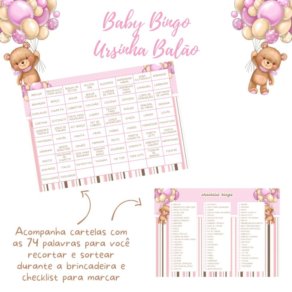 Baby Bingo Ursinha Balão - Rosa (100 cartelas) - PDF