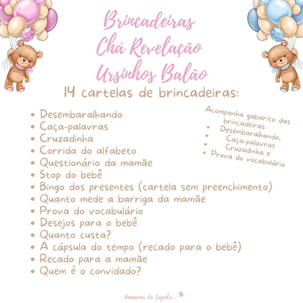 Kit brincadeiras Chá Revelação Ursinhos Balão (azul e rosa) -