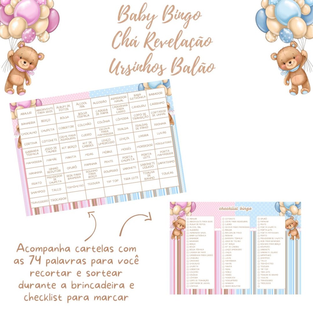 Baby Bingo Chá Revelação Ursinhos Balão - azul e rosa (100 ca