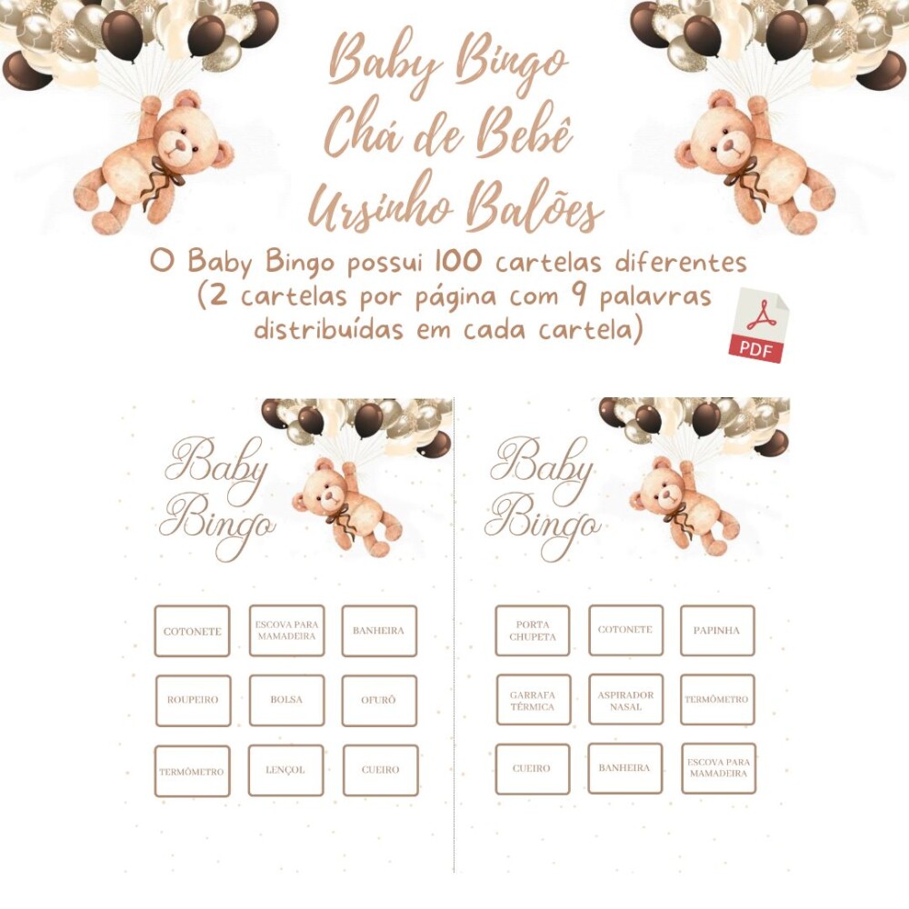 Baby Bingo Ursinho Balões (100 cartelas) - PDF