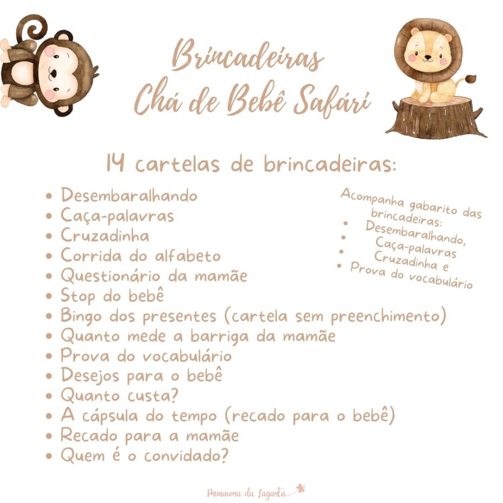 Kit Brincadeiras Chá de Bebê Safári (bege) (digital Pdf)