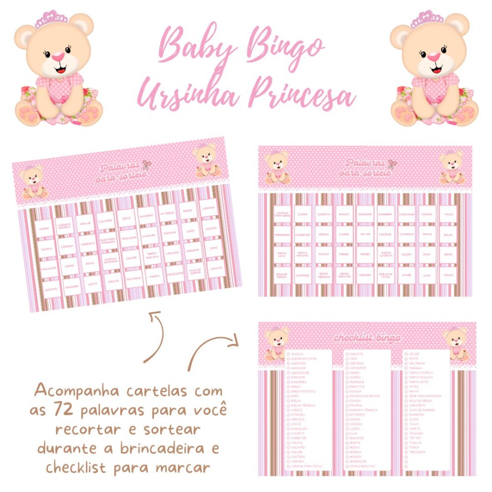 Baby Bingo Ursinha Princesa - 60 cartelas (PDF)