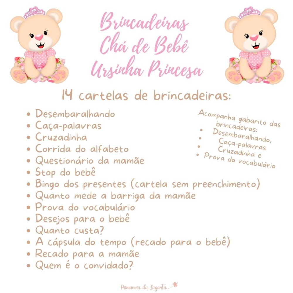 Kit brincadeiras Chá de bebê Ursinha Princesa - PDF